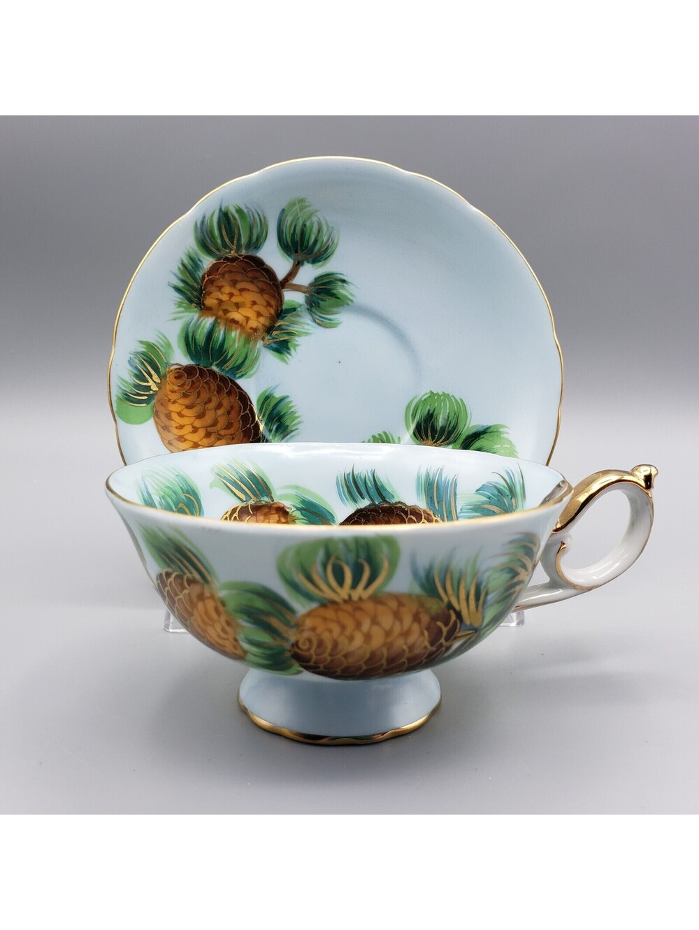 Vintage Japan Norcrest Pine Cone Needles Teacup and Saucer Set Hand Painted Blue